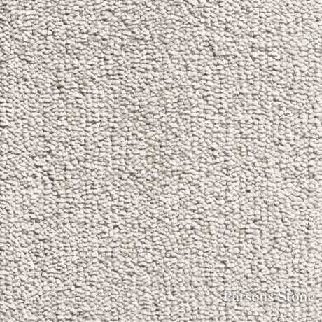 Close-up of a textured gray carpet with 'Parson Stone' branding.