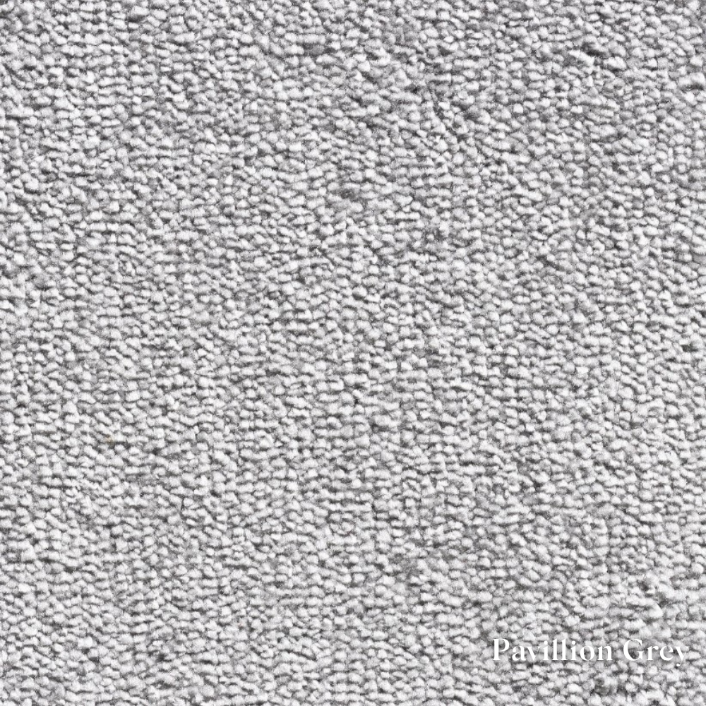 Textured gray fabric swatch with 'Pavilion Grey' label