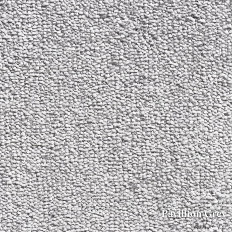 Textured gray fabric swatch with 'Pavilion Grey' label