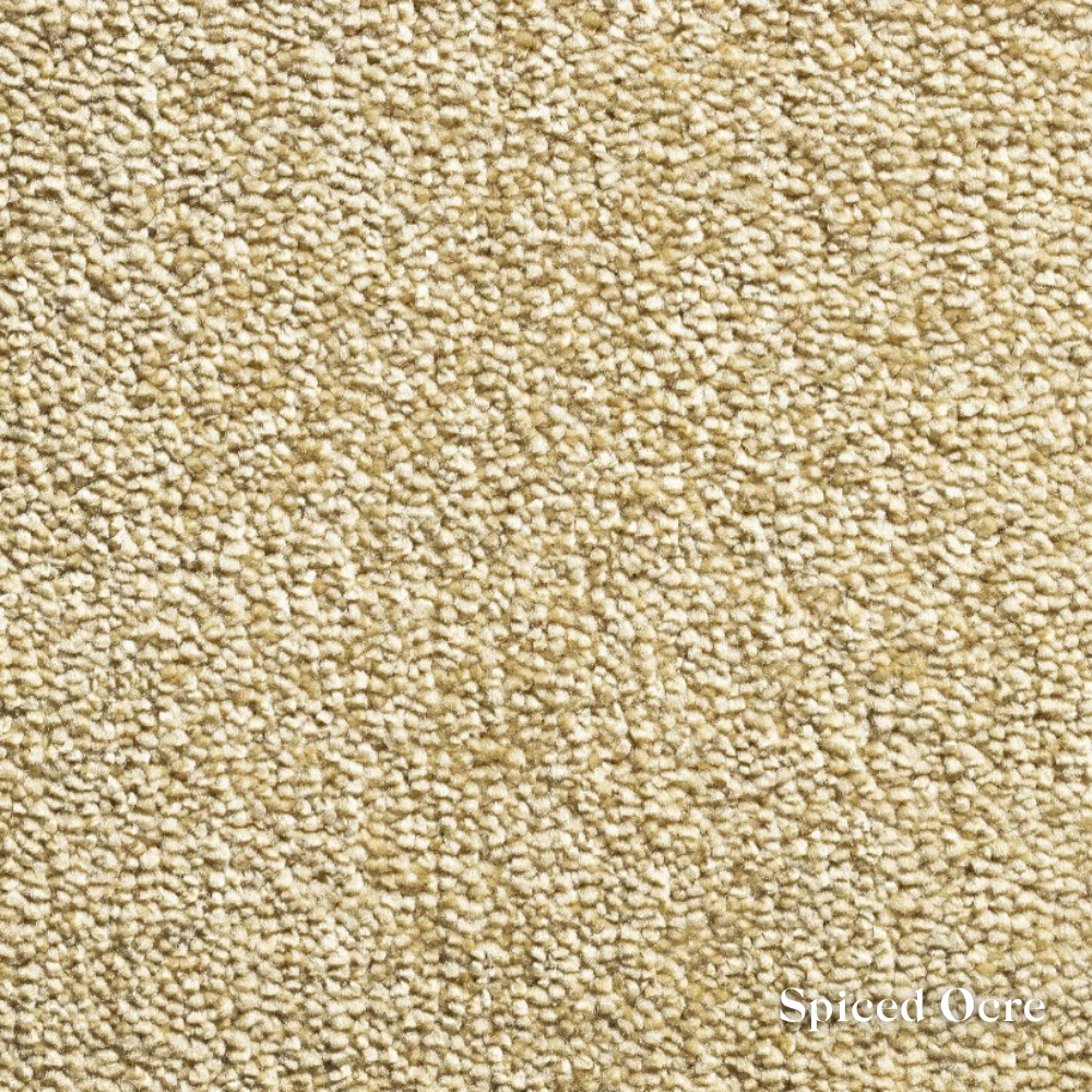 Close-up of beige carpet texture with 'Spiced Ocre' label