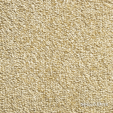 Close-up of beige carpet texture with 'Spiced Ocre' label
