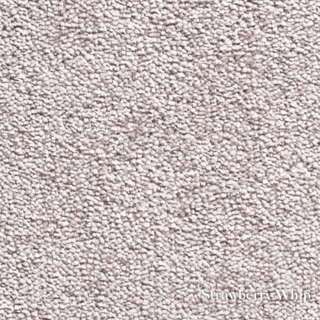 Close-up of a textured beige carpet with 'Strawberry Whip' branding.