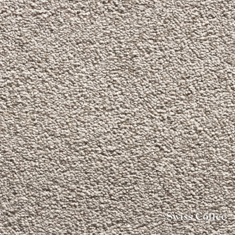 Textured beige carpet sample with 'Swiss Coffee' label