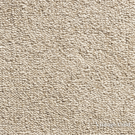 Close-up of beige carpet texture with 'Vintage Gold' label