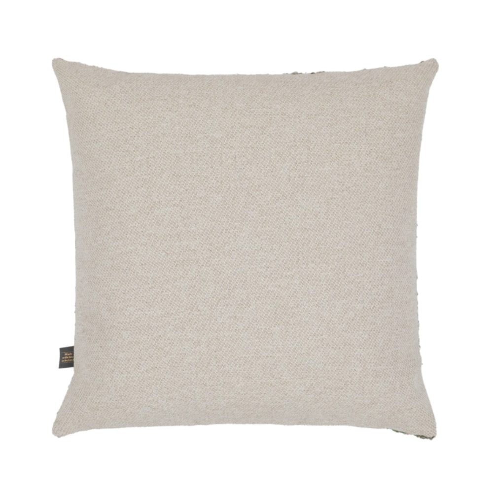 The Scatter Box Carter Natural Cushion 43x43cm features elegant gold detailing, a sleek knife-edge finish a neutral-toned palette & handcrafted in Ireland.