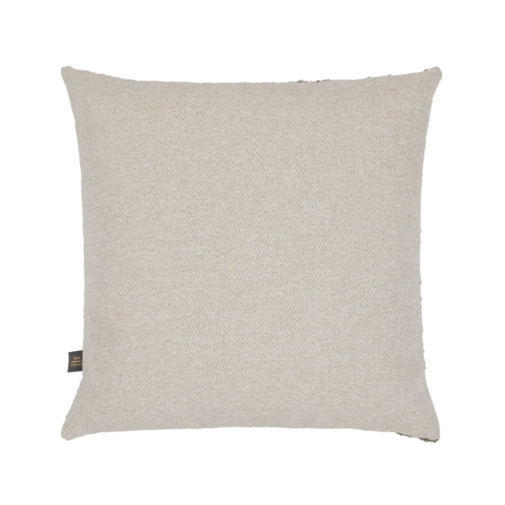 The Esme Scatter Box Green/Rose Cushion 43x43cm features a tactile fabric, subtle rose tones, a sleek knife-edge finish & handcrafted in Ireland.