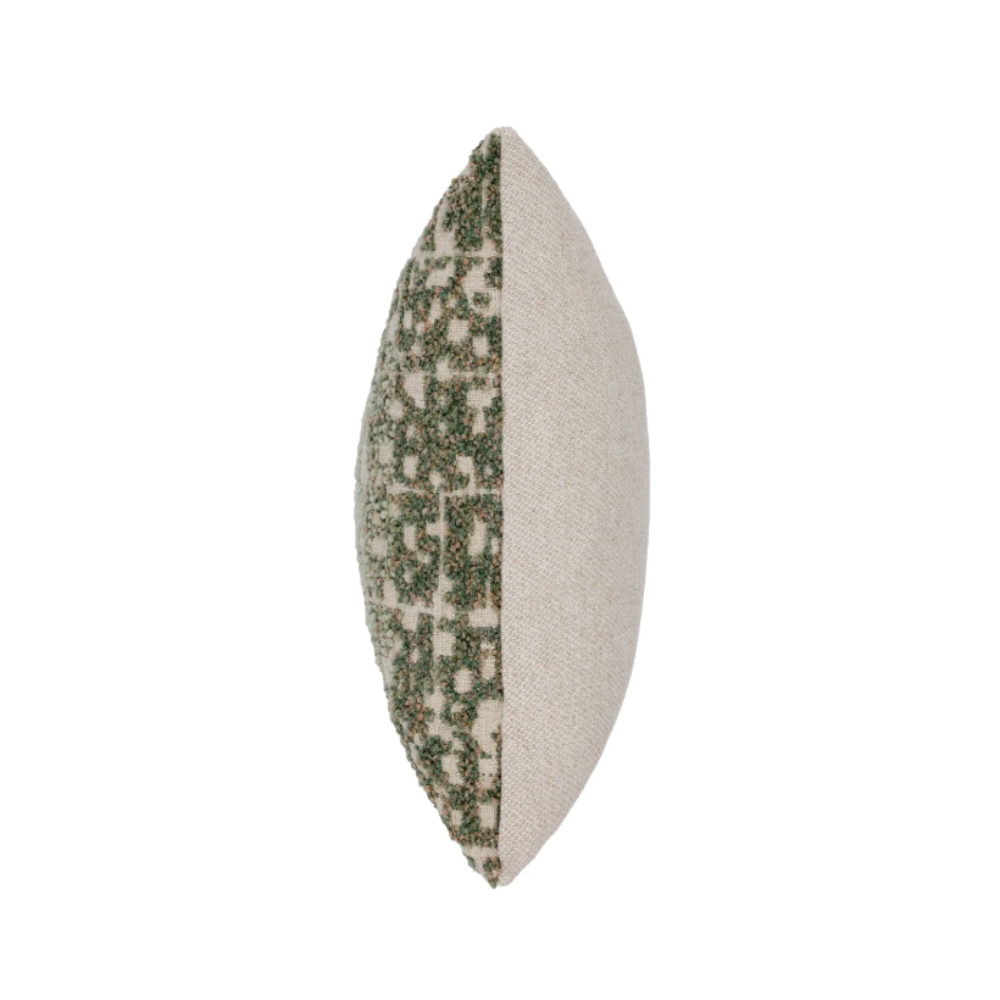The Esme Scatter Box Green/Rose Cushion 43x43cm features a tactile fabric, subtle rose tones, a sleek knife-edge finish & handcrafted in Ireland.