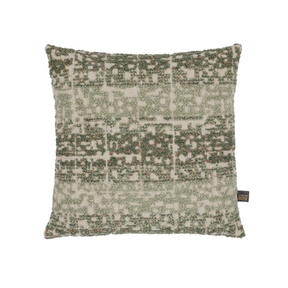 The Esme Scatter Box Green/Rose Cushion 43x43cm features a tactile fabric, subtle rose tones, a sleek knife-edge finish & handcrafted in Ireland.