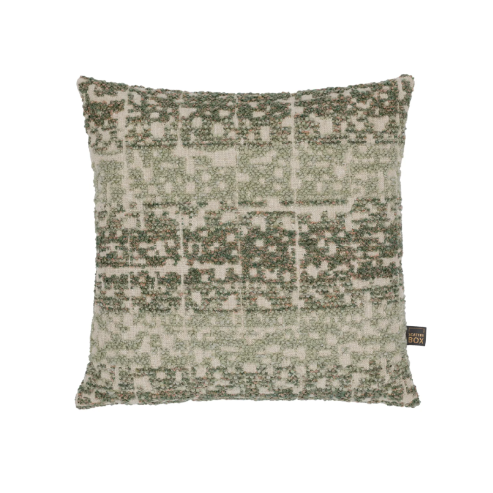 The Esme Scatter Box Green/Rose Cushion 43x43cm features a tactile fabric, subtle rose tones, a sleek knife-edge finish & handcrafted in Ireland.