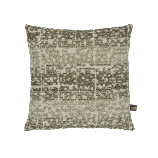 The Esme Scatter Box Green/Rose Cushion 43x43cm features a tactile fabric, subtle rose tones, a sleek knife-edge finish & handcrafted in Ireland.