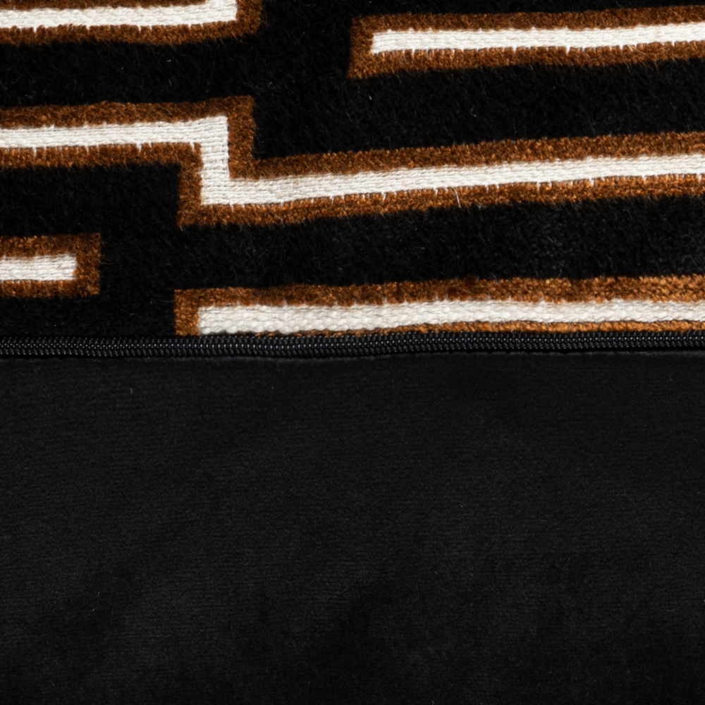 Scatter Box Cushion Harrison - 43x43cm, crafted in Ireland with premium fabric blend and feather filling. Bold black/cognac geometric design for modern luxury.