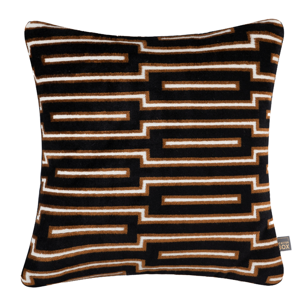 Scatter Box Cushion Harrison - 43x43cm, crafted in Ireland with premium fabric blend and feather filling. Bold black/cognac geometric design for modern luxury.