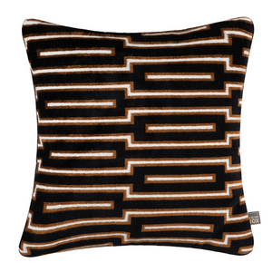 Scatter Box Cushion Harrison - 43x43cm, crafted in Ireland with premium fabric blend and feather filling. Bold black/cognac geometric design for modern luxury.