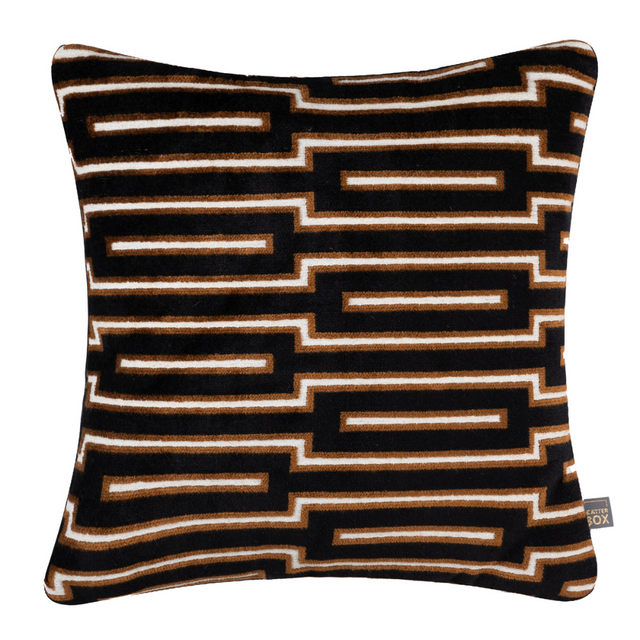 Scatter Box Cushion Harrison - 43x43cm, crafted in Ireland with premium fabric blend and feather filling. Bold black/cognac geometric design for modern luxury.