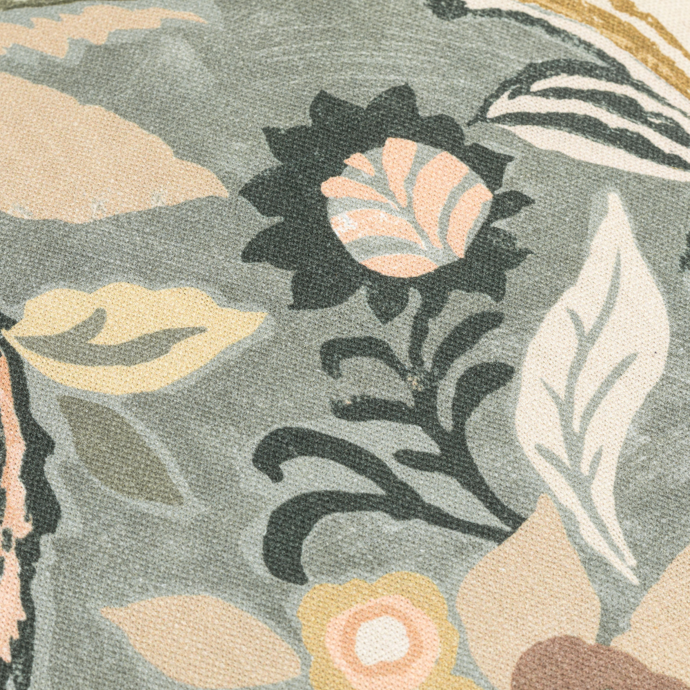 The Scatter Box Millie Green Cushion 45x45cm features a soft cotton fabric, floral print, knife-edge finish