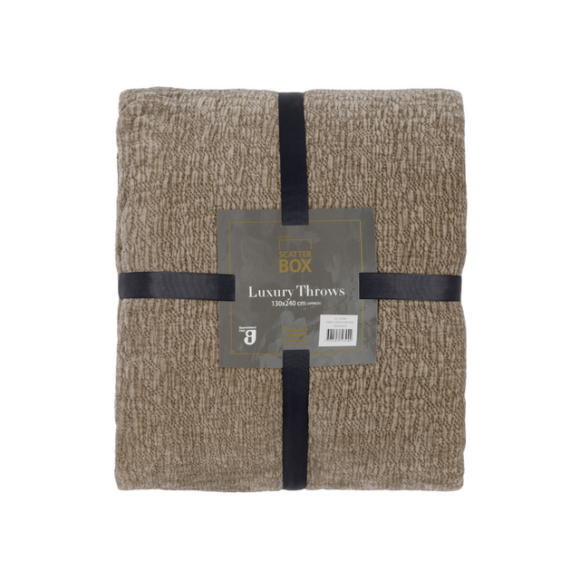 The Scatter Box Piper Throw 130x270cm in Natural features ripple-textured velvet, a sleek knife-edge finish , a generous size & is handcrafted in Ireland.