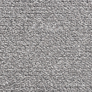 Close-up of gray textured carpet with 'Sea Pearl' branding.