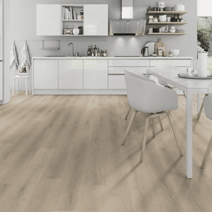 The Seashell Oak SPC Flooring - 4mm, waterproof, oak finish, Class 33 wear rating and sound-reducing underlayment for any space.