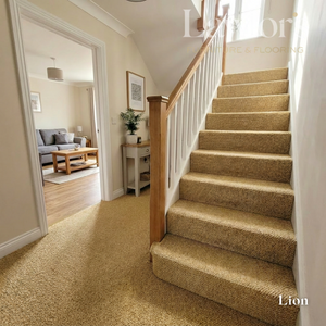 Carpeted staircase with a view into a living room, featuring Lion Flooring branding.