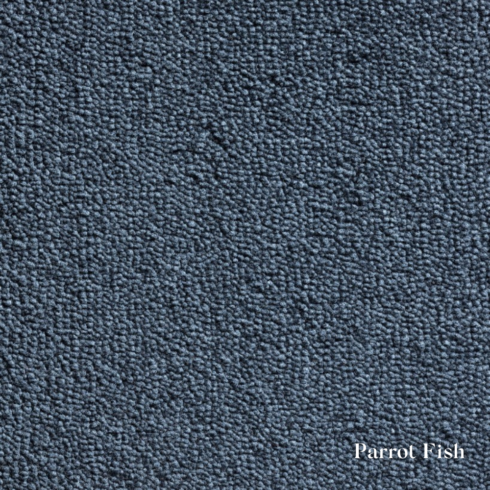Navy blue textured fabric swatch with 'Parrot Fish' label