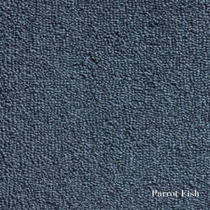 Navy blue textured fabric swatch with 'Parrot Fish' label