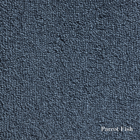 Navy blue textured fabric swatch with 'Parrot Fish' label