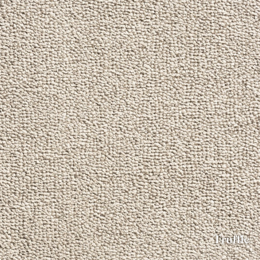 Close-up of beige carpet texture with 'Truffle' brand name.