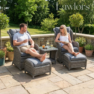Two people sitting on outdoor garden furniture set