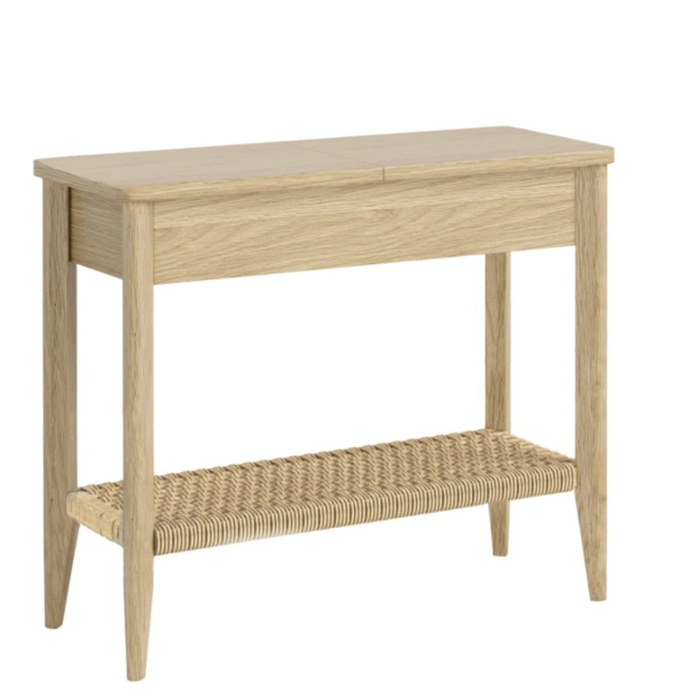 A light oak wood console table with a single drawer, a woven rattan lower shelf, and tapered legs, shown against a plain white background.