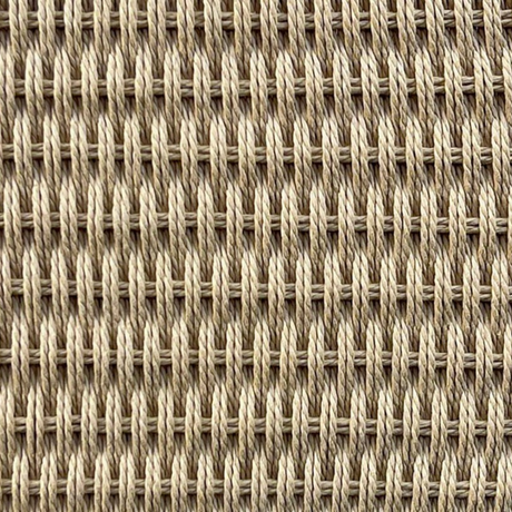 Close-up of a woven textile surface in warm beige and tan tones, showing a repeating basket-weave pattern.