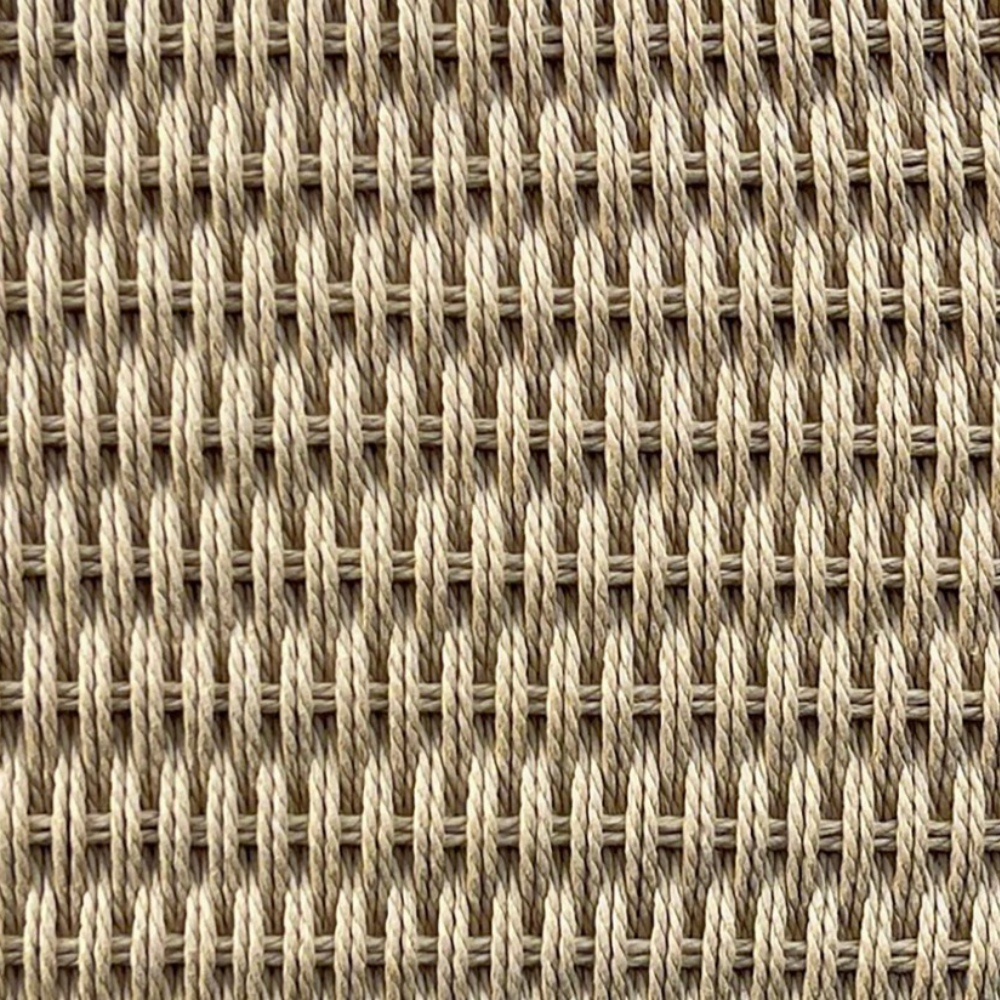 Close-up of a woven textile texture in warm beige and taupe tones, showing a repeating basket-weave pattern.
