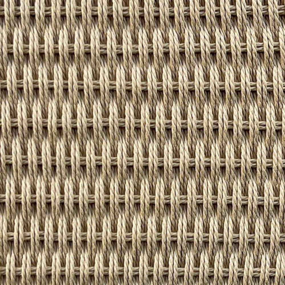 A close-up of a woven fabric texture in a neutral beige and light tan color, showing a detailed basketweave pattern.