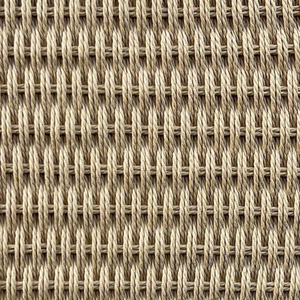 A close-up of a woven fabric texture in a neutral beige and light tan color, showing a detailed basketweave pattern.