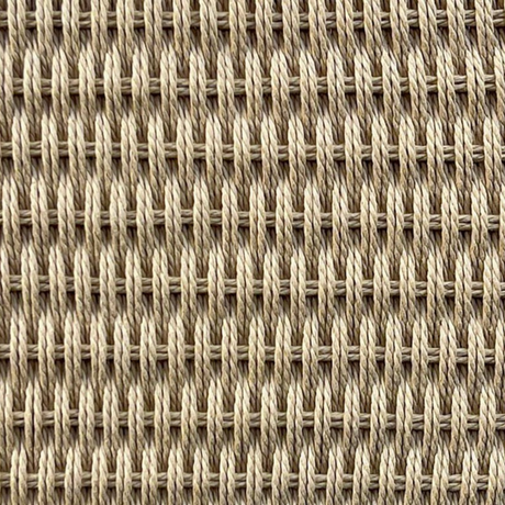 A close-up of a woven fabric texture in a neutral beige and light tan color, showing a detailed basketweave pattern.