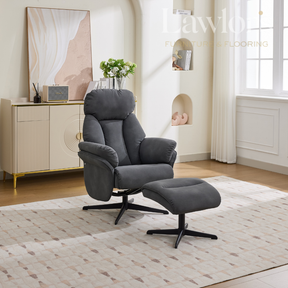 Dark grey swivel recliner chair with ottoman in a modern living room setting.