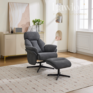 Dark grey leisure recliner chair with ottoman in a modern living room setting.