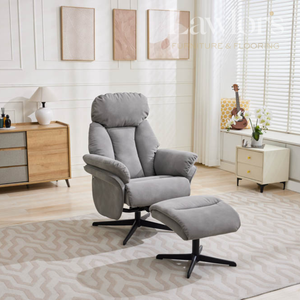 Light grey swivel recliner chair with ottoman in a living room setting
