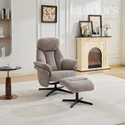 Oyster swivel recliner chair with ottoman in a living room setting