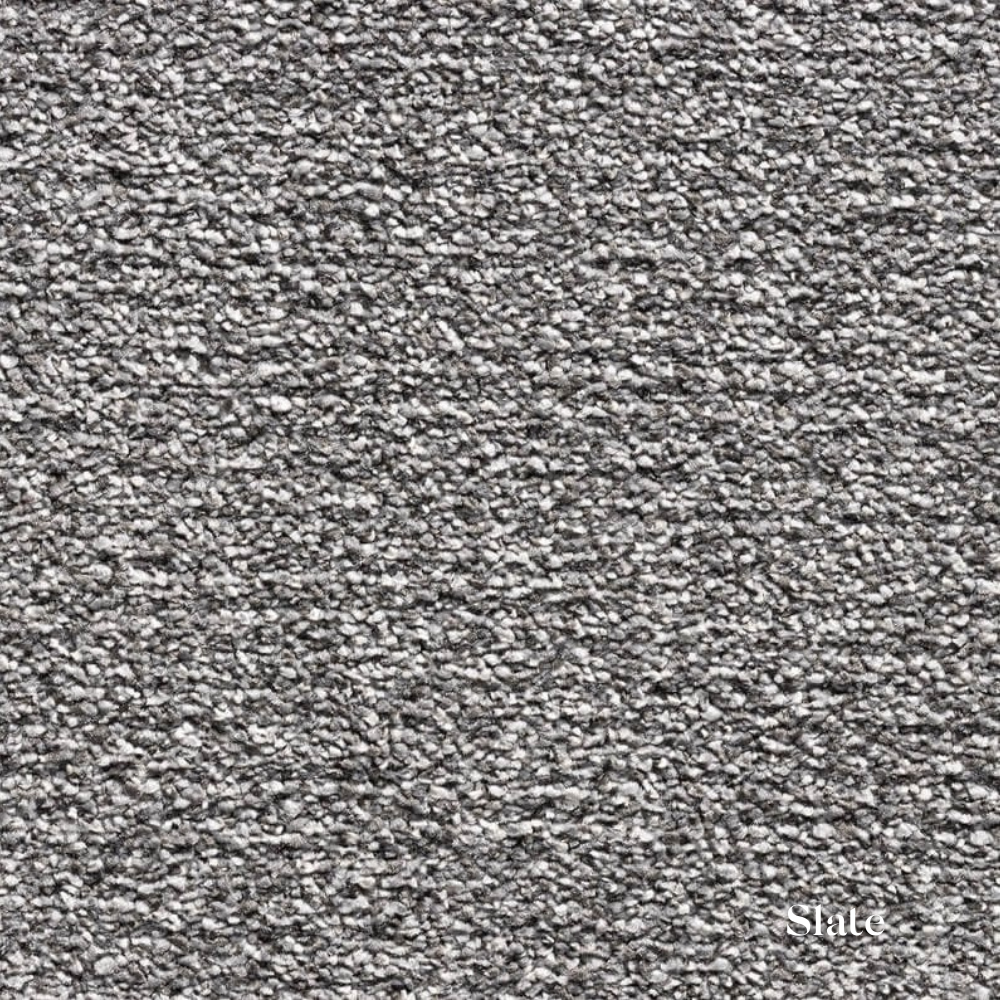 Close-up of gray textured carpet with 'Slate' label