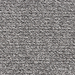 Close-up of gray textured carpet with 'Slate' label