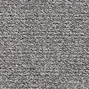 Close-up of gray textured carpet with 'Slate' label