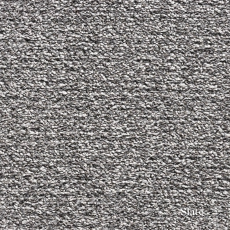 Close-up of gray textured carpet with 'Slate' label