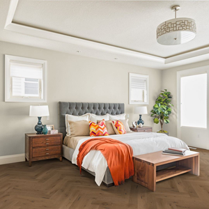 The Smoked White Oak Herringbone Engineered Flooring - 15mm features rich smoked tones, soft white grain, durable multi layer build and easy installation