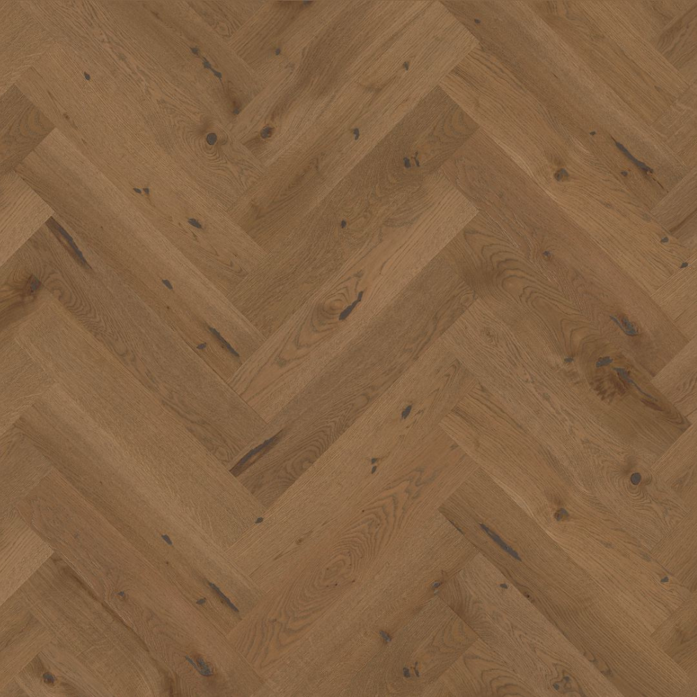 The Smoked White Oak Herringbone Engineered Flooring - 15mm features rich smoked tones, soft white grain, durable multi layer build and easy installation