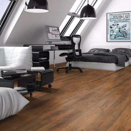 The Sound Blues Chestnut Laminate Flooring - 12mm, AC5-rated, easy Express Click installation and underfloor heating compatible.