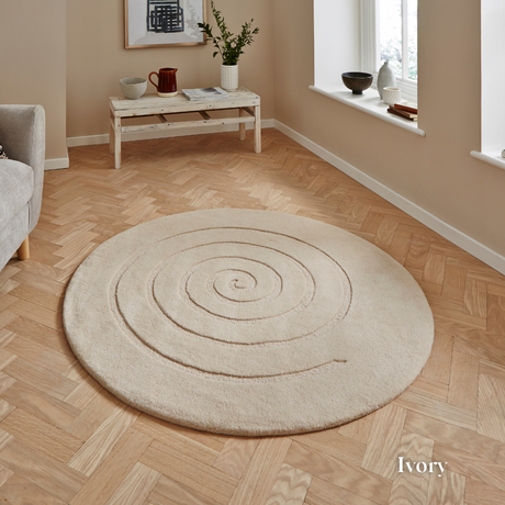 Create a cozy vibe with the Spiral Plain Hand-Tufted Wool Rugs offering thick, high-quality wool in Ivory and Gold, with a plush 1.10cm pile.