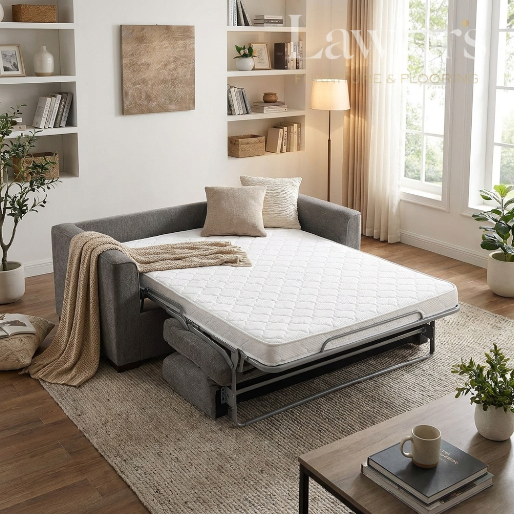 Light grey opened sofa bed in a living room setting with a lamp and books on shelves.