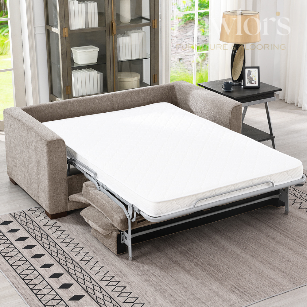Stone opened sofa bed in a living room setting
