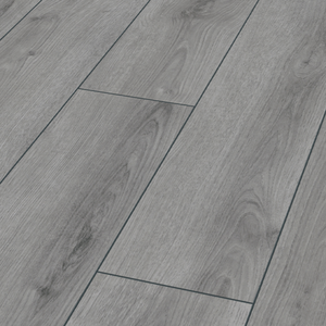 Summer Oak Grey Laminate Flooring - 12mm, AC5-rated, photorealistic grey oak finish, durable and easy 'Clic' installation.