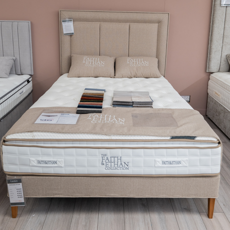 The Sydney Fabric Headboard, Mirage Mattress and Classic Straight Leg Divan features vertical panel design, tucked detail, custom fabric, colour & size options, to compliment any bed style
